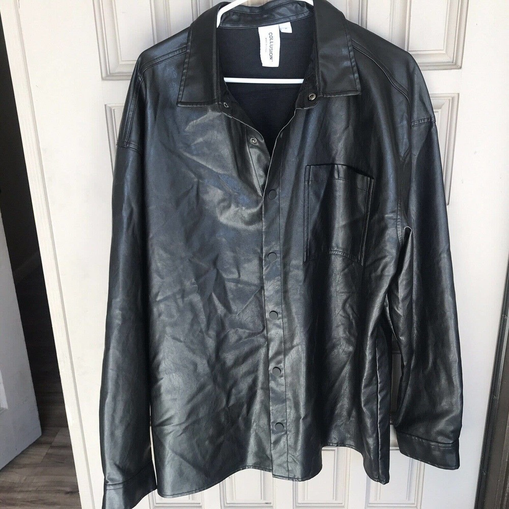 Collusion Faux Leather Ladies Shirt SzXL Black Snap Closure Cuffs Collar NWOT